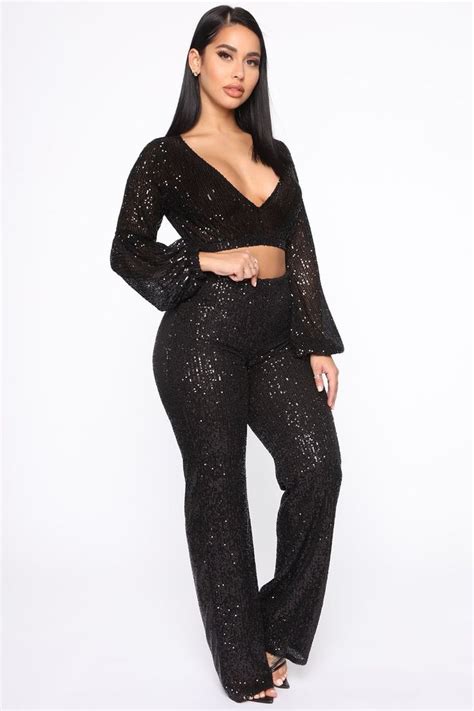 Glamour Game Sequin Pant Set Black Fashion Sequin Outfit Black