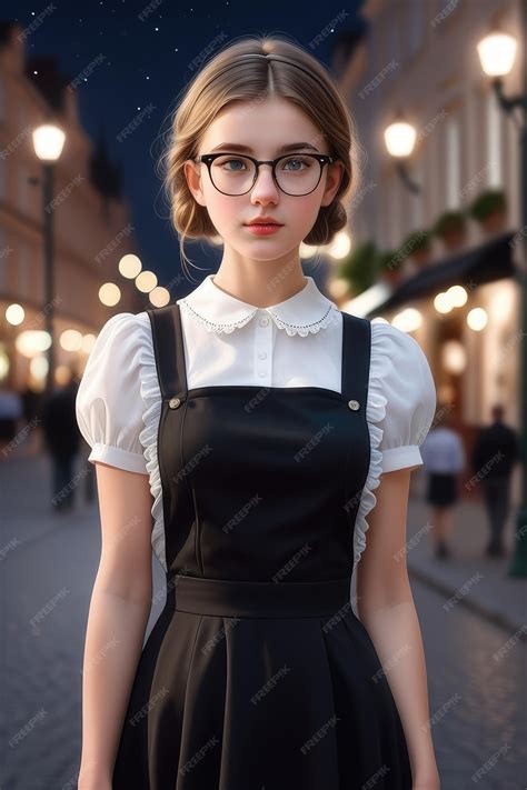 Premium Photo A Pretty European Girl In A Black Pinafore Dress And Glasses On A Night