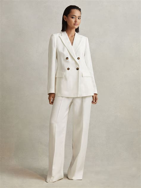 Reiss White Lori Petite Viscose Linen Double Breasted Suit Blazer