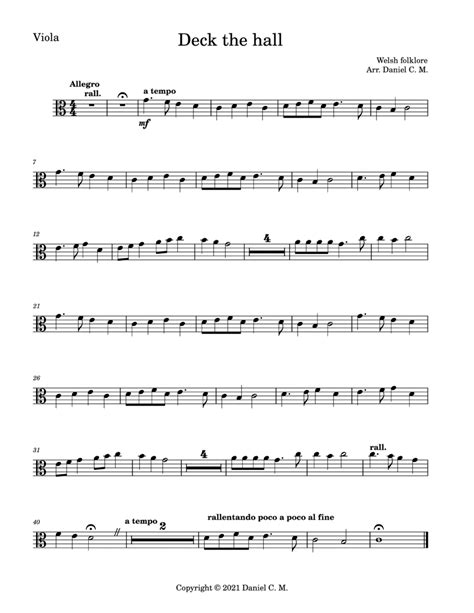 Deck The Hall For Viola And Piano Easy Arr Daniel C M Sheet