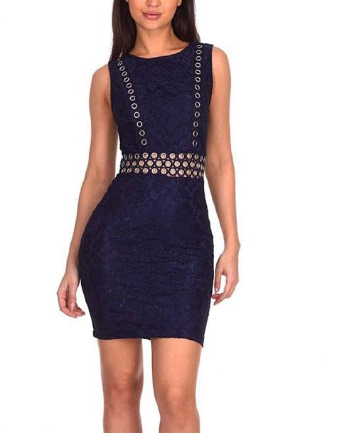 Ax Paris Navy Grommet Embellished Sleeveless Bodycon Dress Women