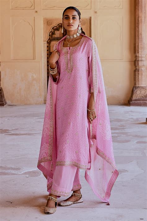 Buy Pink Muslin Embroidered Dori Round Straight Kurta Pant Set For