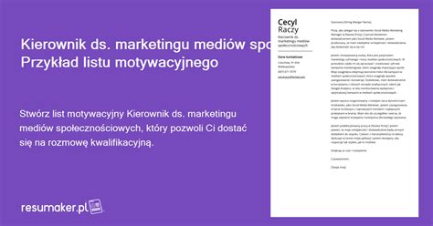 Przykłady listów motywacyjnych Kierownik ds marketingu mediów