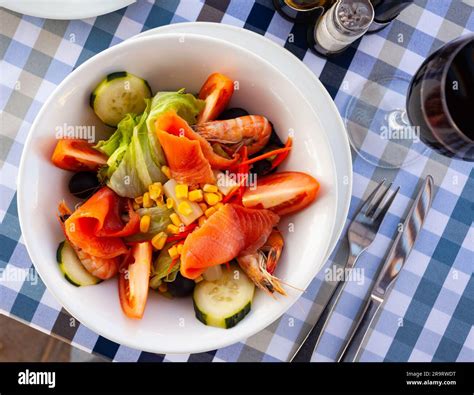 Ensalada De Gambas Salad With Salmon Shrimp And Vegetables Stock