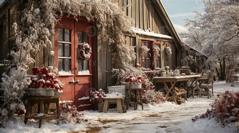 Red Barn, House or Shop Decorated for Christmas in a Beautiful Winter ...