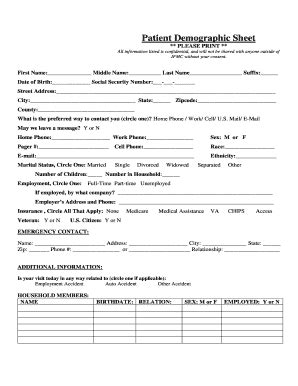 Fillable Online Patient Demographic Sheet Johnstown Free Medical