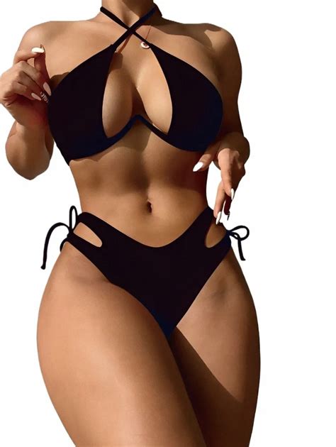 Cut Out Push Up Bikini Solid Swimsuit Women Halter Swimwear Female