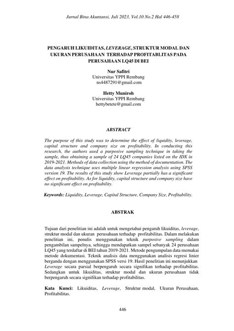 Pdf Pengaruh Likuiditas Leverage Struktur Modal Dan Ukuran