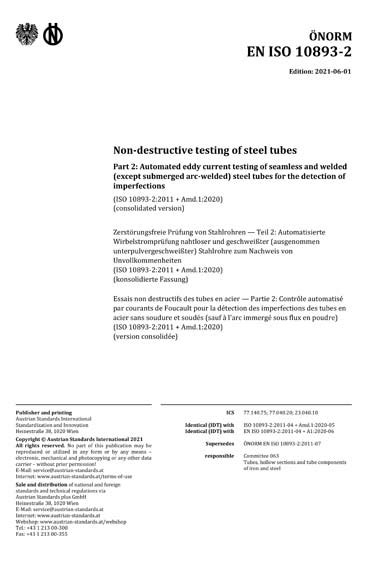 ONORM EN ISO 10893 2 2021 Non Destructive Testing Of Steel Tubes