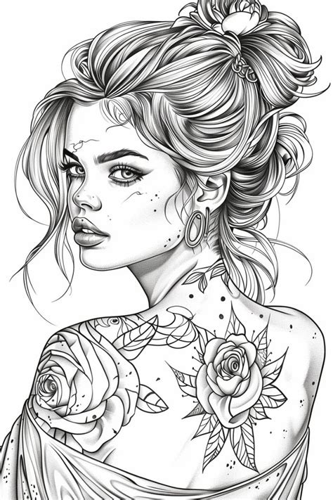 Beautiful Woman With Tattoo Coloring Page Artistic Elegance In 2024