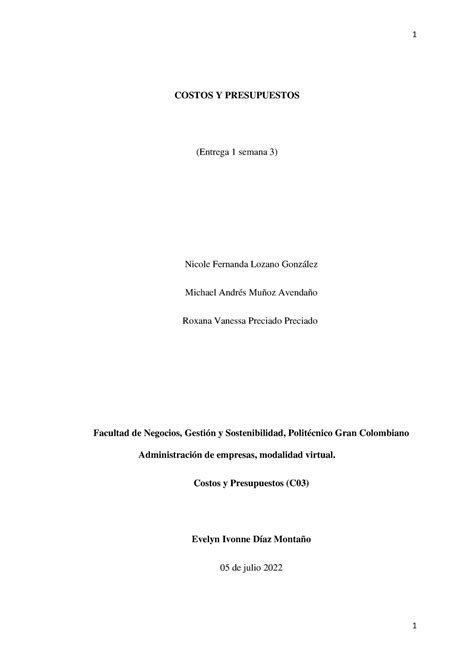 Costos Y Presupuestos 05 Julio COSTOS Y PRESUPUESTOS Entrega