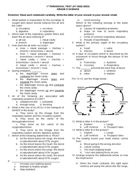 1st Periodic Test Science 9 Pdf Respiratory System Dominance