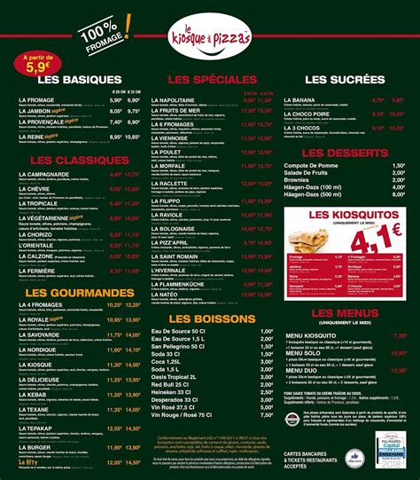 Menu au Le Kiosque à Pizzas Vienne Centre pizzeria Vienne