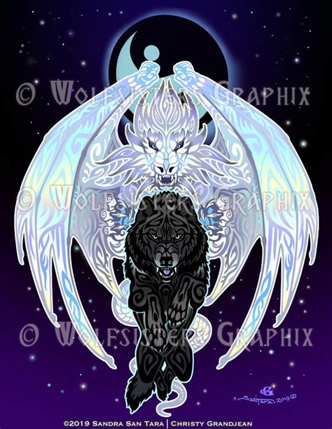 White Dragon Black Wolf Yin Yang Fantasy Print - Etsy