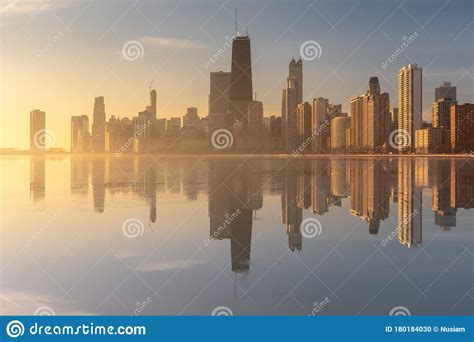 Chicago Skyline Cityscape At Night And Blue Sky With Cloud Chicago