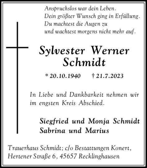 Traueranzeigen Von Sylvester Werner Schmidt Sich Erinnern De