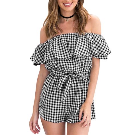 Sexy Fora Do Ombro Xadrez Mulheres Playsuit Macacões 2018 Verão Sem