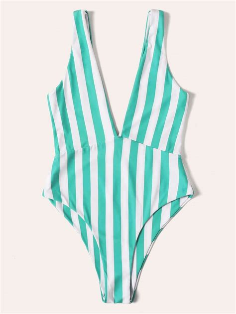 Green Plunging Neck Vertical Striped One Piece Swimsuit Bikini