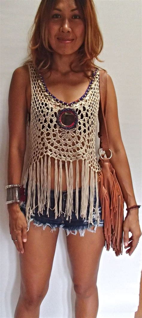 Spellmaya Handmade Crochet Top With Vintage Jewelry Real Mirrors And