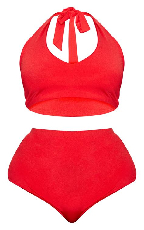 Plus Red Halterneck High Waist Bikini Set Prettylittlething