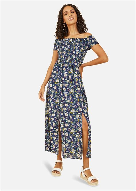 Mela Navy Floral Print Bardot Midi Dress With Split Hem Matalan