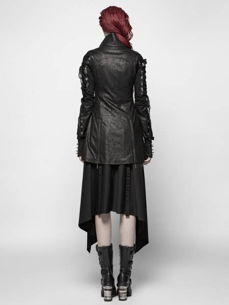 Punk Rave Black Long Sleeves Leather Gothic Trench Coat For Women