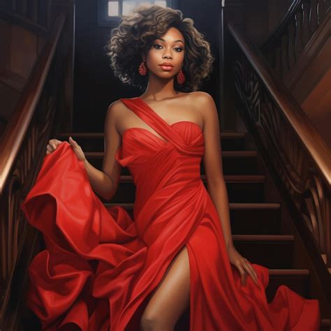 Premium AI Image | a woman in a red dress is posing on a staircase.