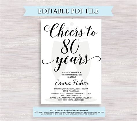 Editable 80th Birthday Invitation Template Cheers To 80 Etsy