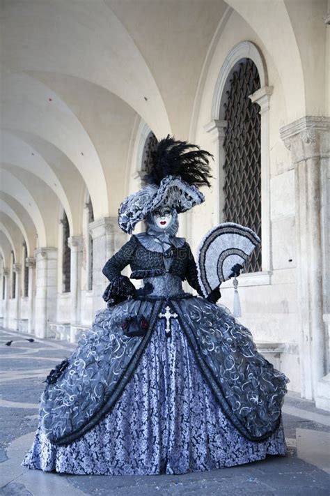 Venice Mask Wearing Black and Silver Costume and Mask at Venice Carnival in February Under ...