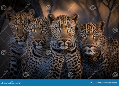 Four Leopards Portrait On Nature Background Ai Generative Stock