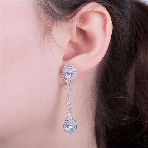 Fusion Moissanite Pear Halo 18k White Gold Stud Drop Earrings Setjian