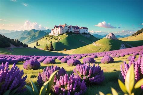 Una Casa En Una Colina Con Flores Moradas En Primer Plano Foto Premium