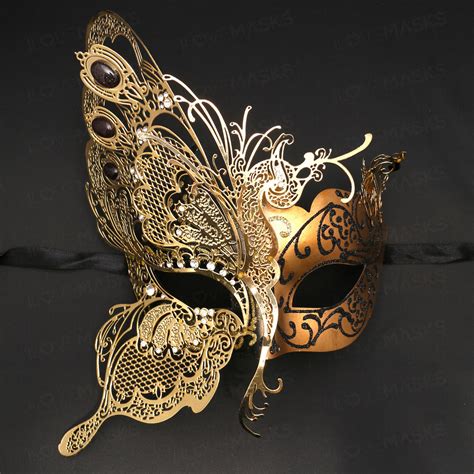 Side Butterfly Masquerade Costume Party Mask - Gold White