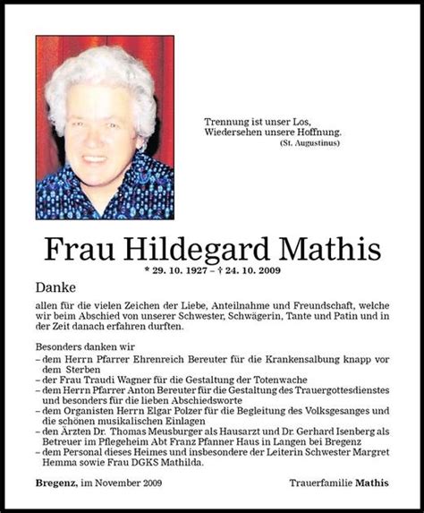 Todesanzeigen Von Hildegard Mathis Todesanzeigen Vorarlberger Nachrichten