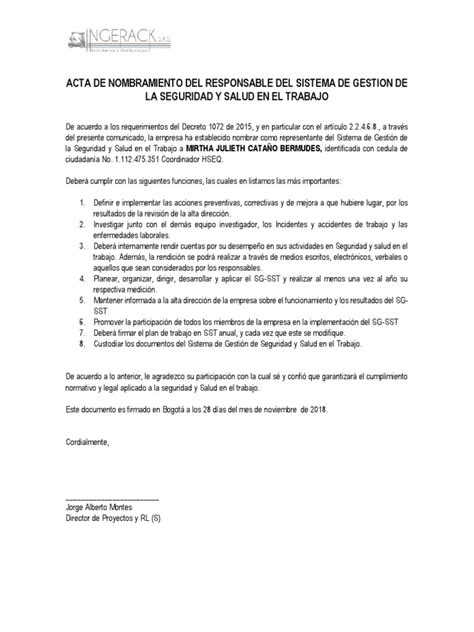 Acta De Nombramiento Del Responsable Sgsst Pdf