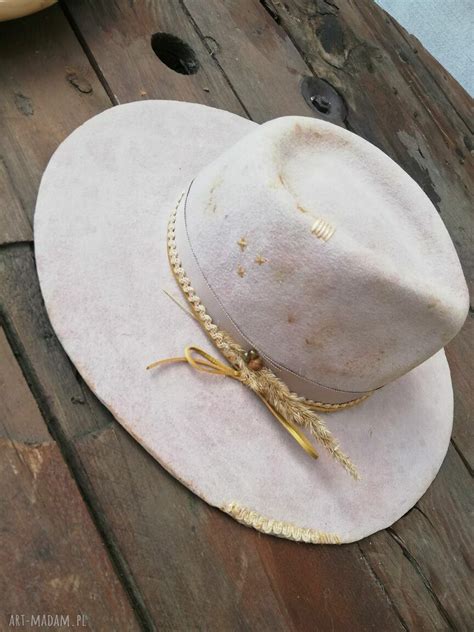 fedora beżowa handmade kapelusz filc kapelusze dodatki białe