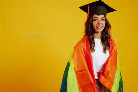 Woman Covering With Lgbt Pride Flag American Lesbian Woman In