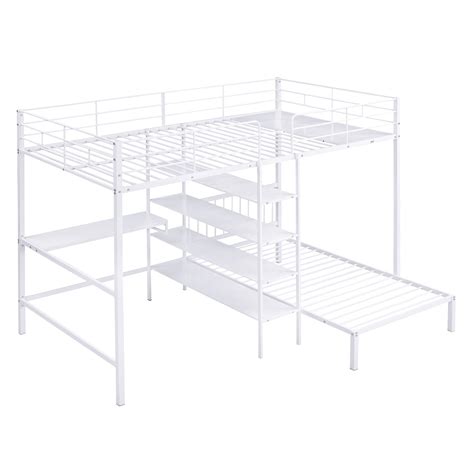 Full Over Twin Metal Bunk Bed With Built In Desk And Storage Shelves Modern Heavy Duty Bunk Bed