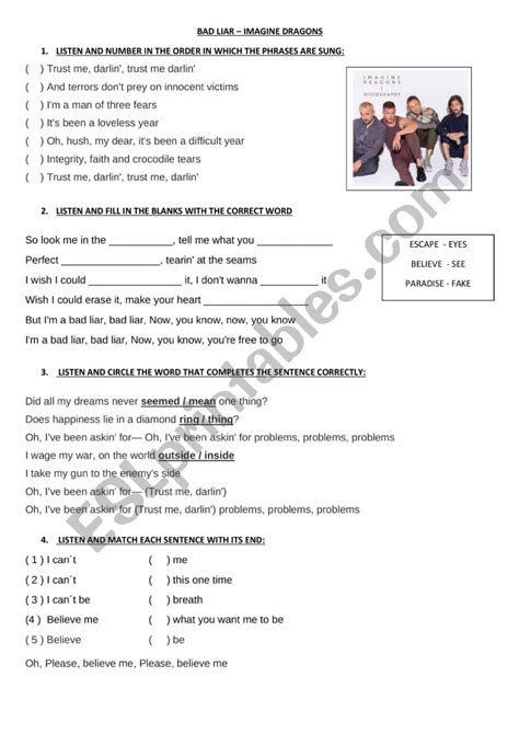 Bad Liar Imagine Dragons Esl Worksheet By Teacherjosiane