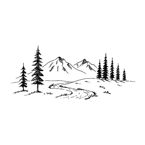 Mountain with pine trees and landscape black on white background. Hand ...