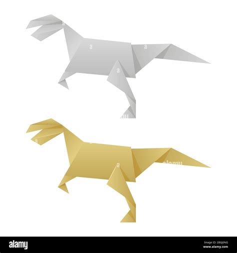 Silver And Golden Paper Origami Dinosaurs Isolated On White Background