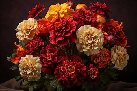 Premium Photo | Marigolds in a bouquet in red white and orange assortment