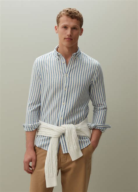 Camicia Regular Fit In Lino E Cotone A Righe Blu Bianco Piombo Da Uomo