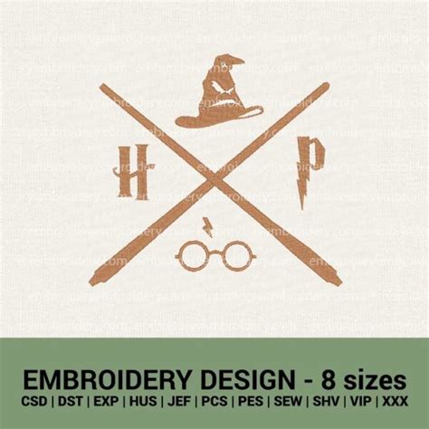 Harry Potter Logo Magic Wands Hat Glasses Machine Embroidery