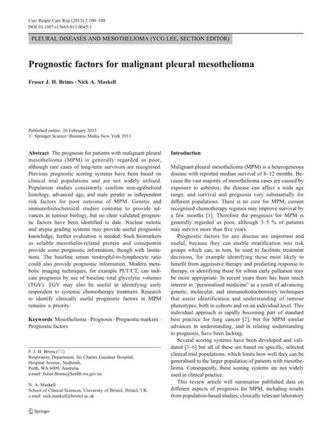 PDF Prognostic Factors For Malignant Pleural Mesothelioma