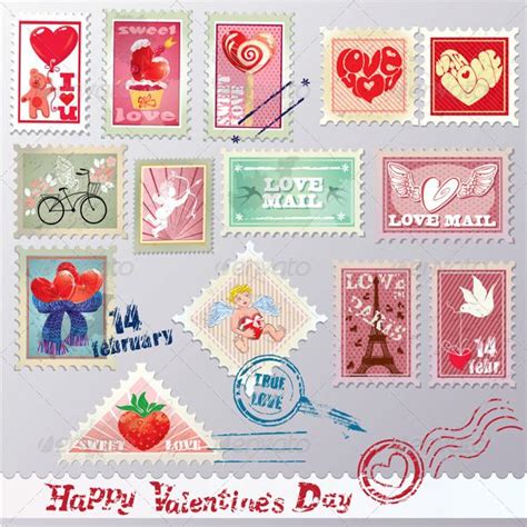 Set Of Vintage Post Stamps With Hearts Valentine Stamps Post Stamp