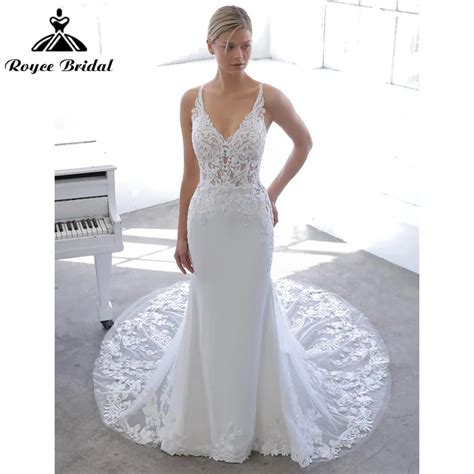 Sexy V Neck Spaghetti Straps Lace Appliques Sweep Mermaid Wedding Dress