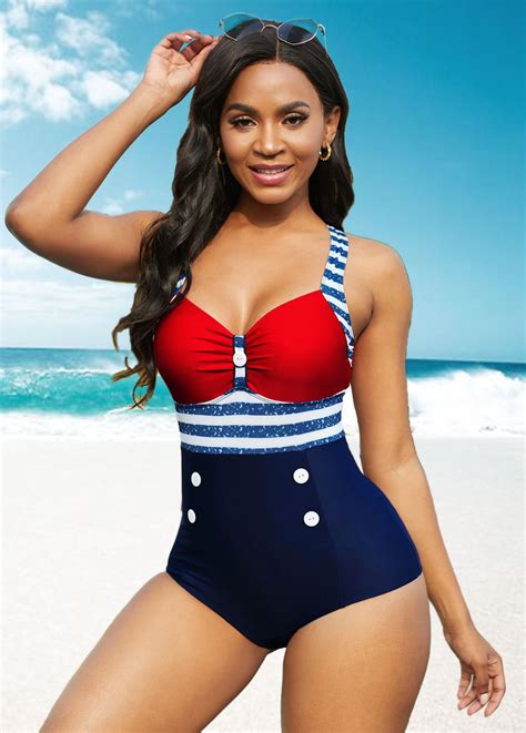 American Flag Print Cutout Back Button Detail One Piece Swimwear One