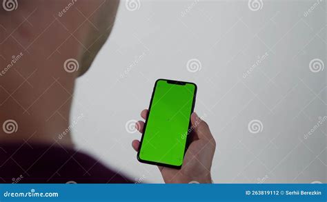 Man Hand Smart Phone Chroma Key White Background Behind View Green