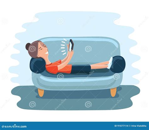 Woman Lying On Sofa With Many Gadgets Stock Vector Illustration Of